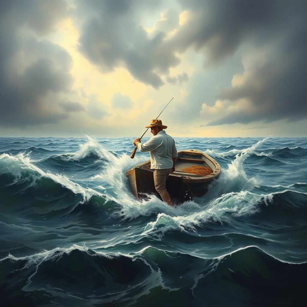 A realistic and dramatic landscape painting of a fisherman wearing a brown cap, a white shirt, and khaki pants, fear-stricken as he struggles with his fishing nets in an early morning stormy weather