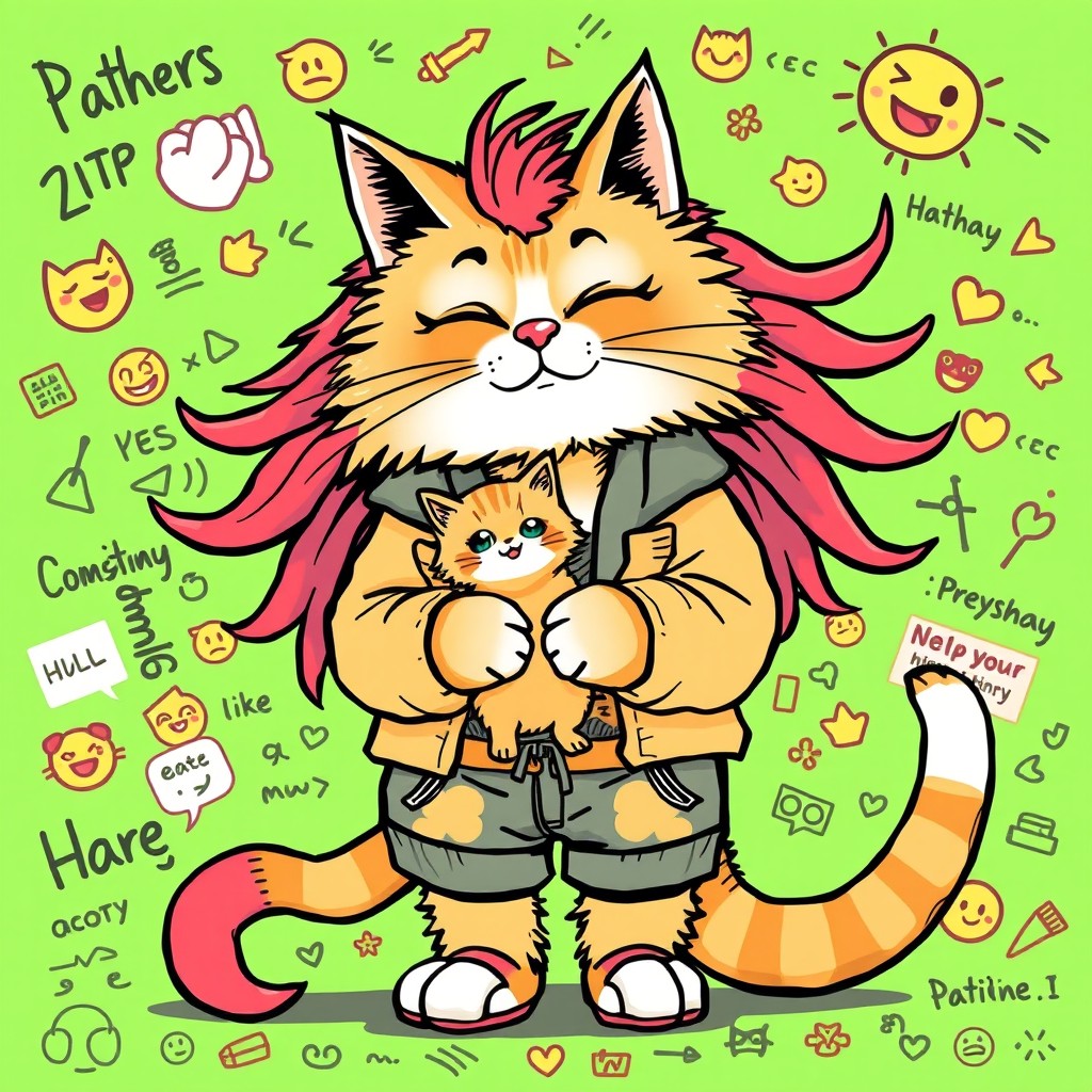 A playful, cute cartoon featuring a huge, fluffy cat dressed in fashionable clothes, exuding an exaggerated sense of style and whimsy