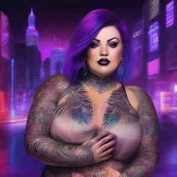 This is a digital art representation of a stunning plus size woman, adorned with intricate cyberpunk-inspired tattoos