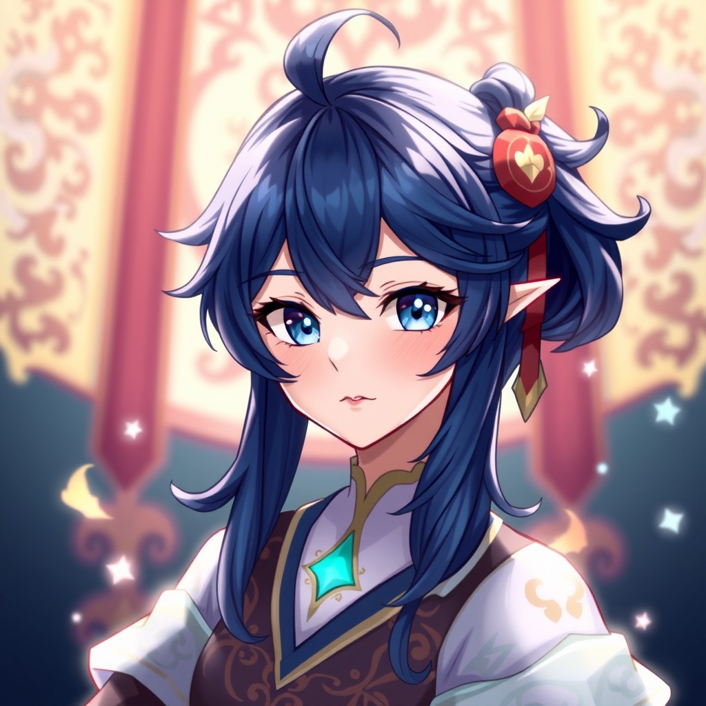 A stylized portrait in the Genshin Impact art style featuring a character with deep blue hair styled elegantly