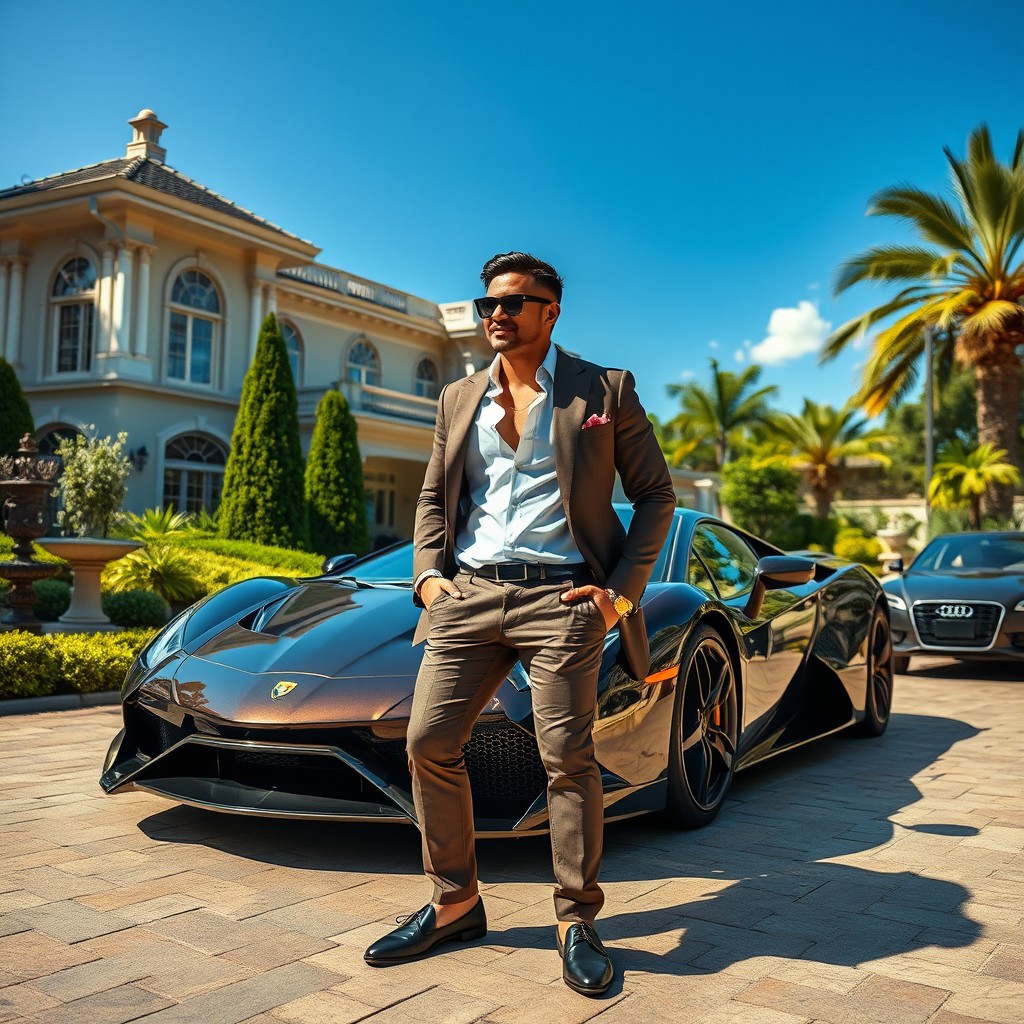 A luxurious and opulent scene featuring a well-dressed individual exuding confidence and charisma