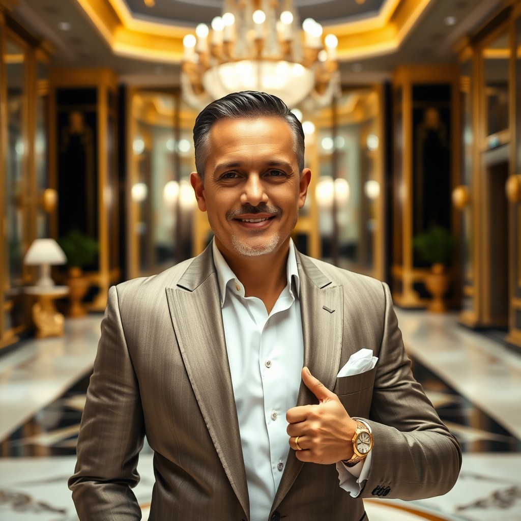 A glamorous portrait of a wealthy individual, exuding confidence and sophistication