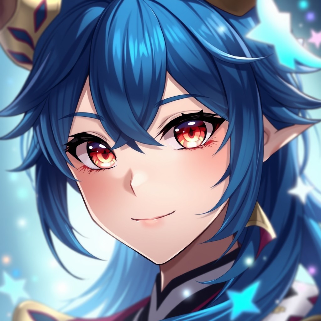A close-up portrait in the Genshin Impact style featuring a character with deep blue hair styled elegantly