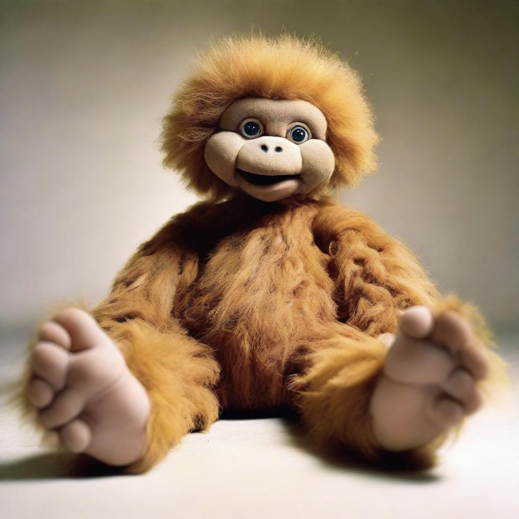 Playful image of a human baby featuring gigantic feet, skin textured like mammoth fur, and eyes resembling those of a puppet.