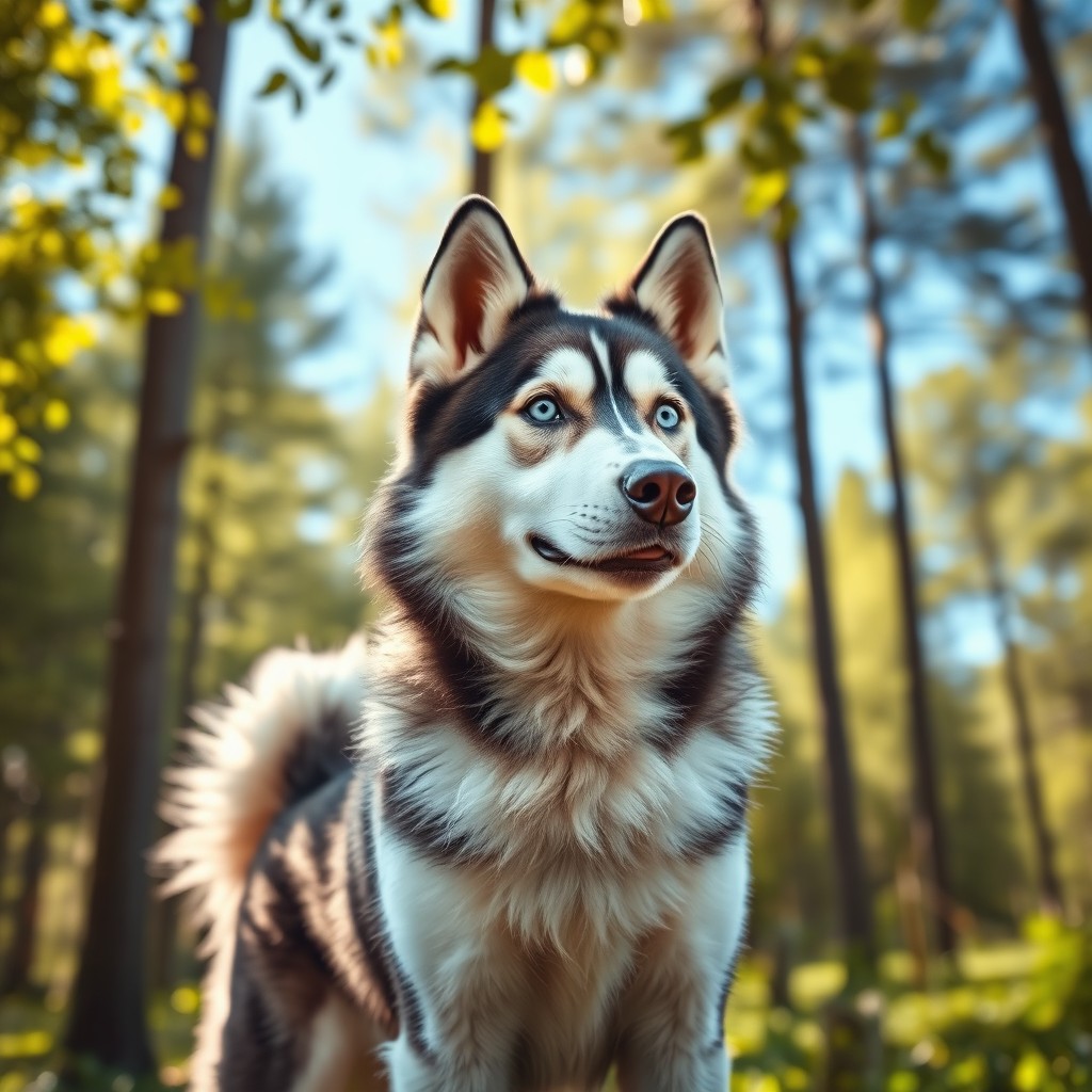 A realistic, lifelike Siberian Husky with striking blue eyes and a thick coat of fluffy fur
