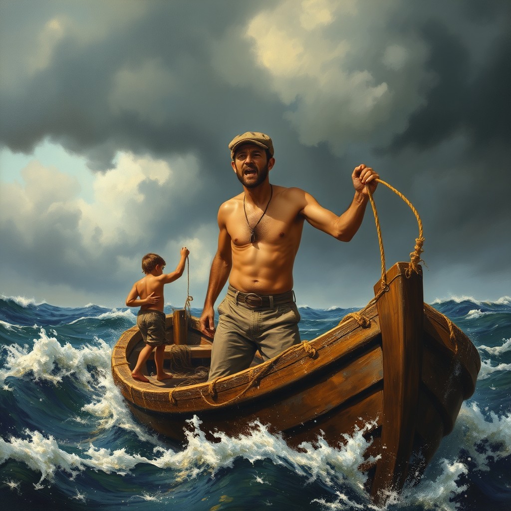 A realistic landscape painting capturing a brown-capped fisherman, bare-chested and wearing khaki pants, with a look of fear on his face