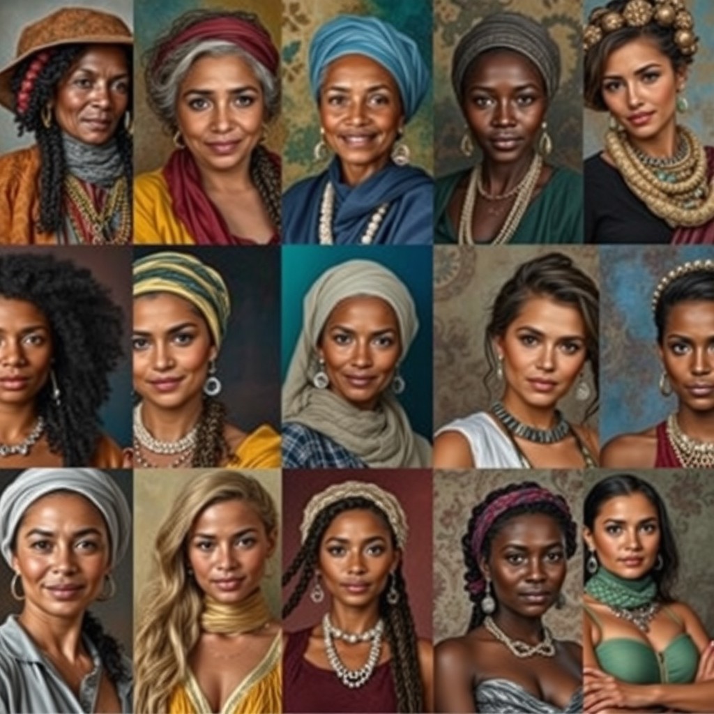 A collection of detailed portraits, each representing women from diverse cultures and backgrounds, showcasing their unique clothing styles, accessories, and expressions