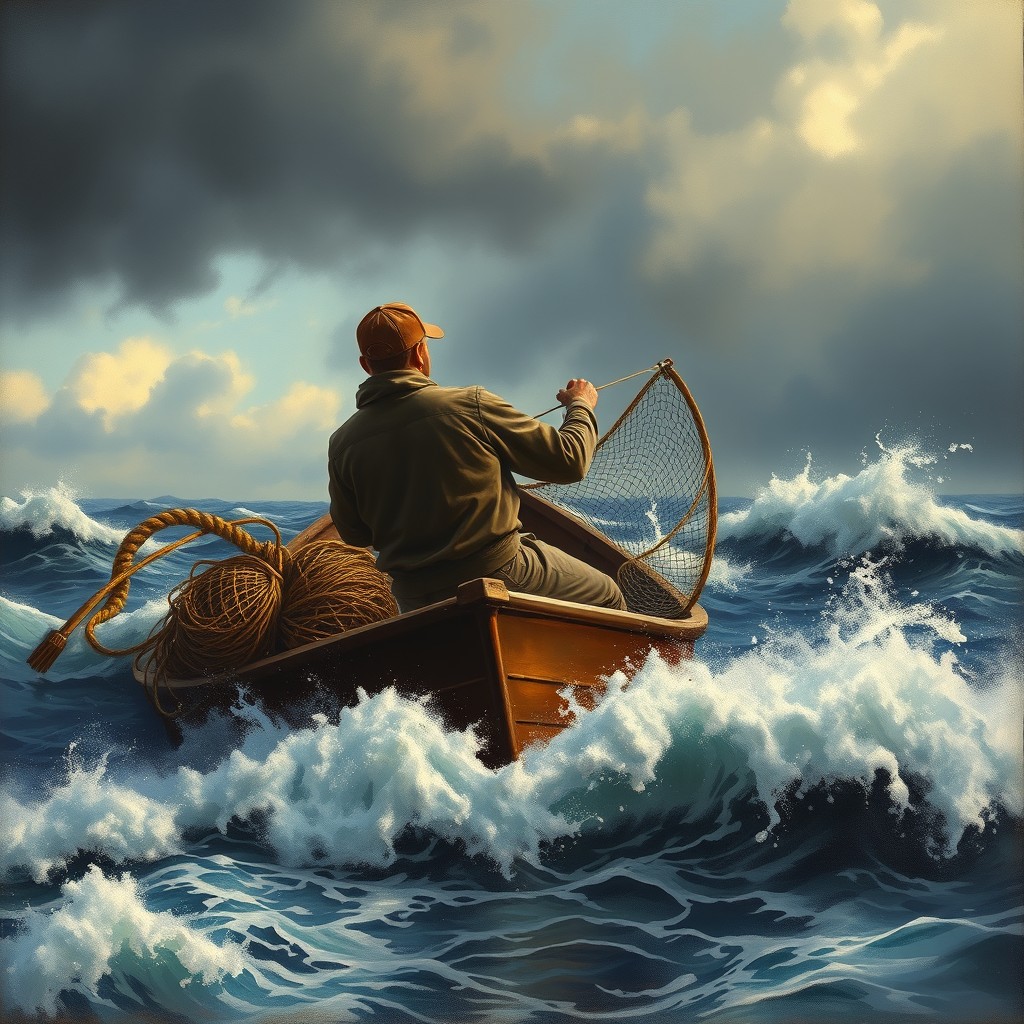 A realistic landscape painting of a fear-stricken fisherman wearing a brown cap and khaki pants, struggling with his fishing nets in the midst of a storm at sea during early morning