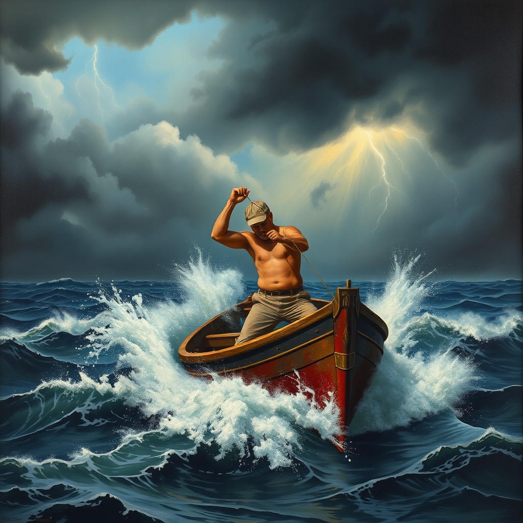 A realistic landscape painting of a brown-capped, bare-chested fisherman wearing khaki pants, struggling with his fishing nets amidst an early morning stormy weather