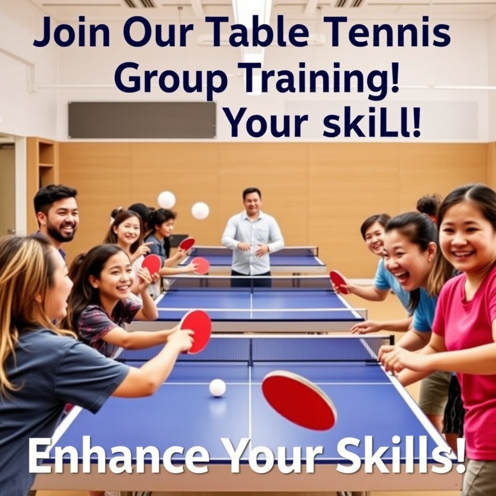 A vibrant and energetic advertisement for a table tennis group training session