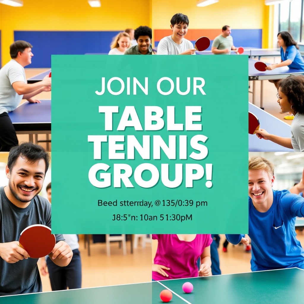 An energetic and inviting advertisement for a table tennis group, featuring dynamic images of diverse players in action
