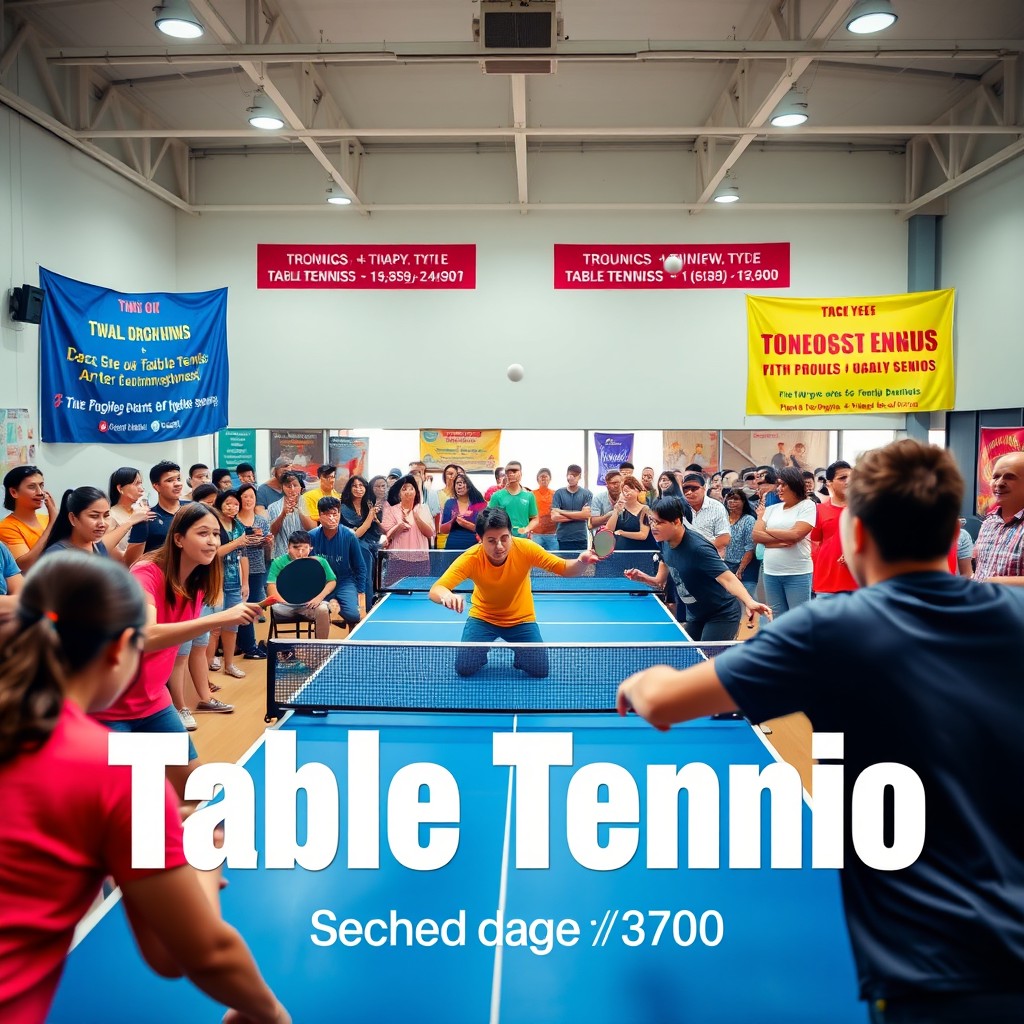 A vibrant and energetic advertisement for a table tennis group, showcasing individuals of diverse backgrounds passionately playing table tennis in an indoor sports facility