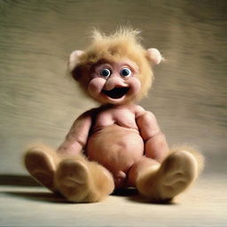 Playful image of a human baby featuring gigantic feet, skin textured like mammoth fur, and eyes resembling those of a puppet.