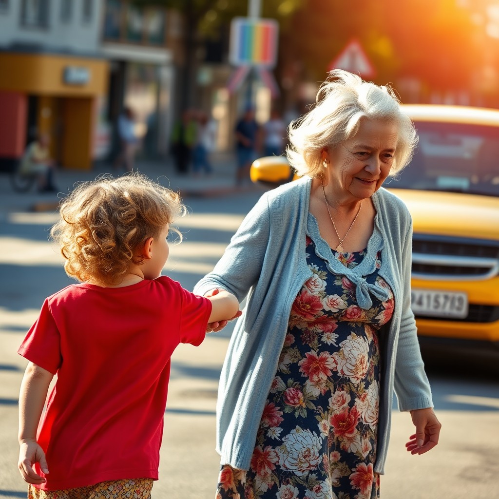 An elderly woman and her young granddaughter walking on a lively street