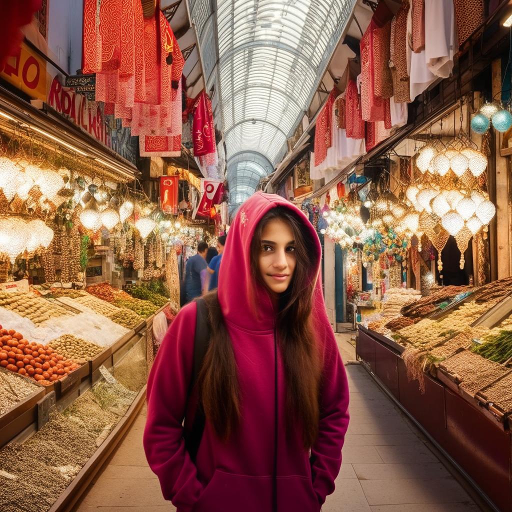 A beautiful Turkish teenager girl in a hoodie walking through a bustling market.