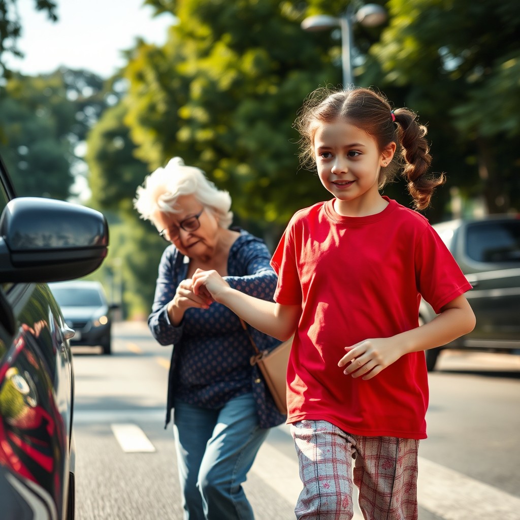 A heartwarming scene depicting a 90-year-old grandmother gently pulling her 15-year-old granddaughter away from the edge of the road as an approaching car drives by