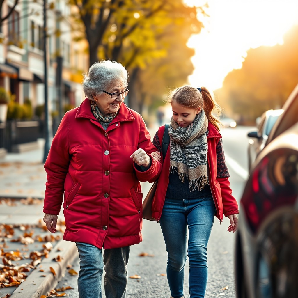 A heartwarming scene of a 90-year-old grandmother and her 15-year-old granddaughter walking together on a street