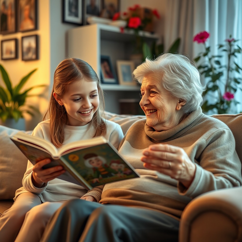 A heartwarming scene of a loving bond between a 15-year-old granddaughter and her 90-year-old grandmother sitting together in a cozy living room