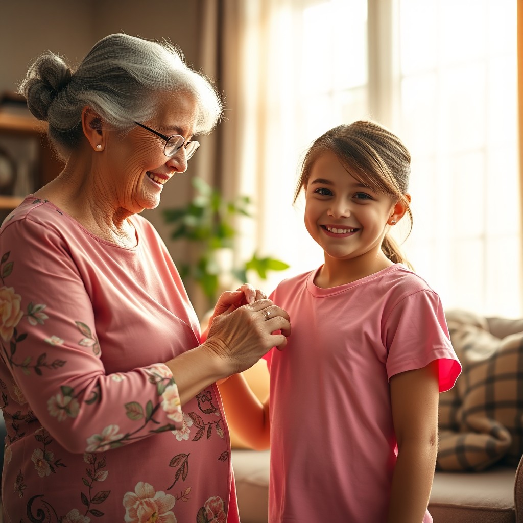 A warm, heartwarming scene where an elderly woman, depicting the loving nature of a grandmother, is gently holding the front of a pink T-shirt worn by a cheerful teenage girl