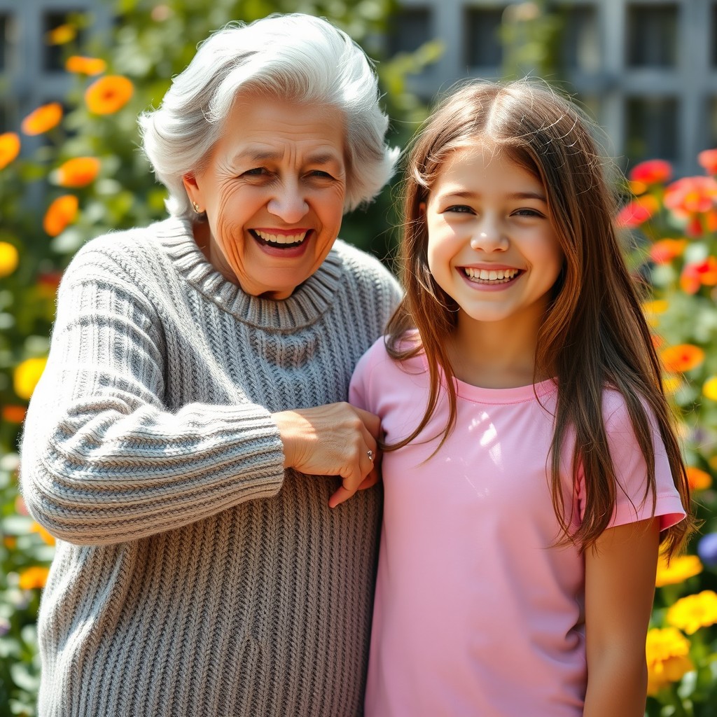 An elderly woman with gray hair and warm, welcoming features, wearing a cozy sweater, playfully grabbing the front of a pink T-shirt worn by a cheerful teenage girl