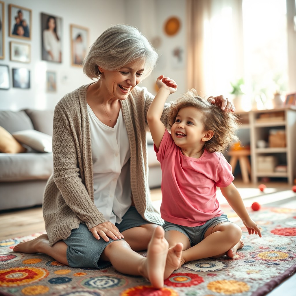 A scene depicting a joyful interaction between a young girl and her grandmother