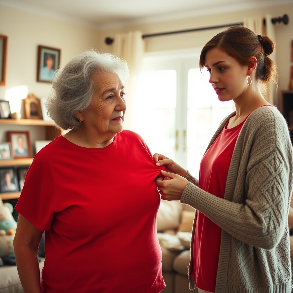 An elderly woman with gray hair, wearing a cozy knit sweater, pulls a bright red T-shirt of her teenage granddaughter gently, imparting life lessons