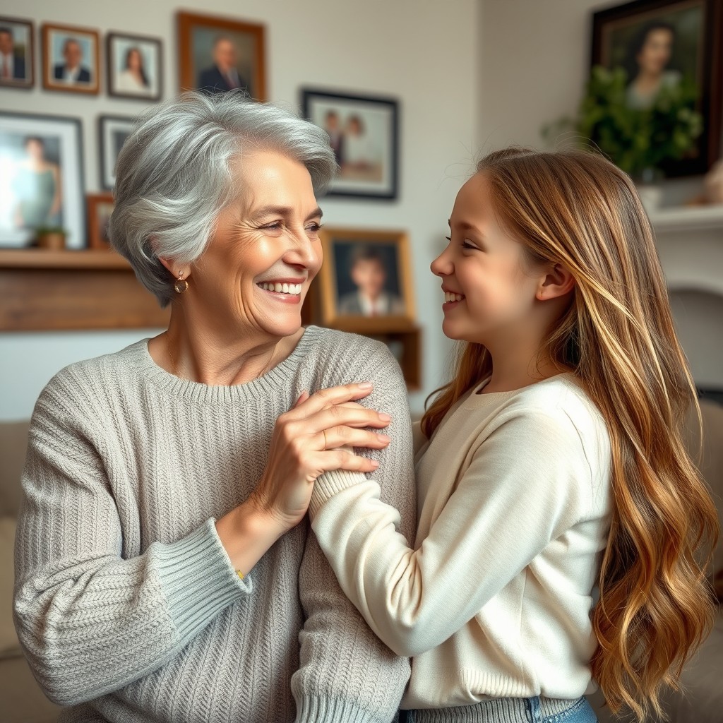 A loving portrayal of a grandmother holding her teenage granddaughter's upper arm, both smiling warmly at each other