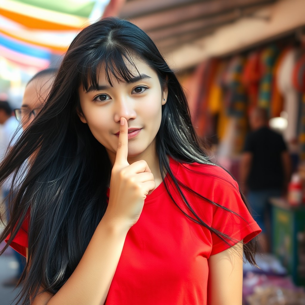 A young woman, 18 years old, with long flowing black hair, wearing a bright red T-shirt