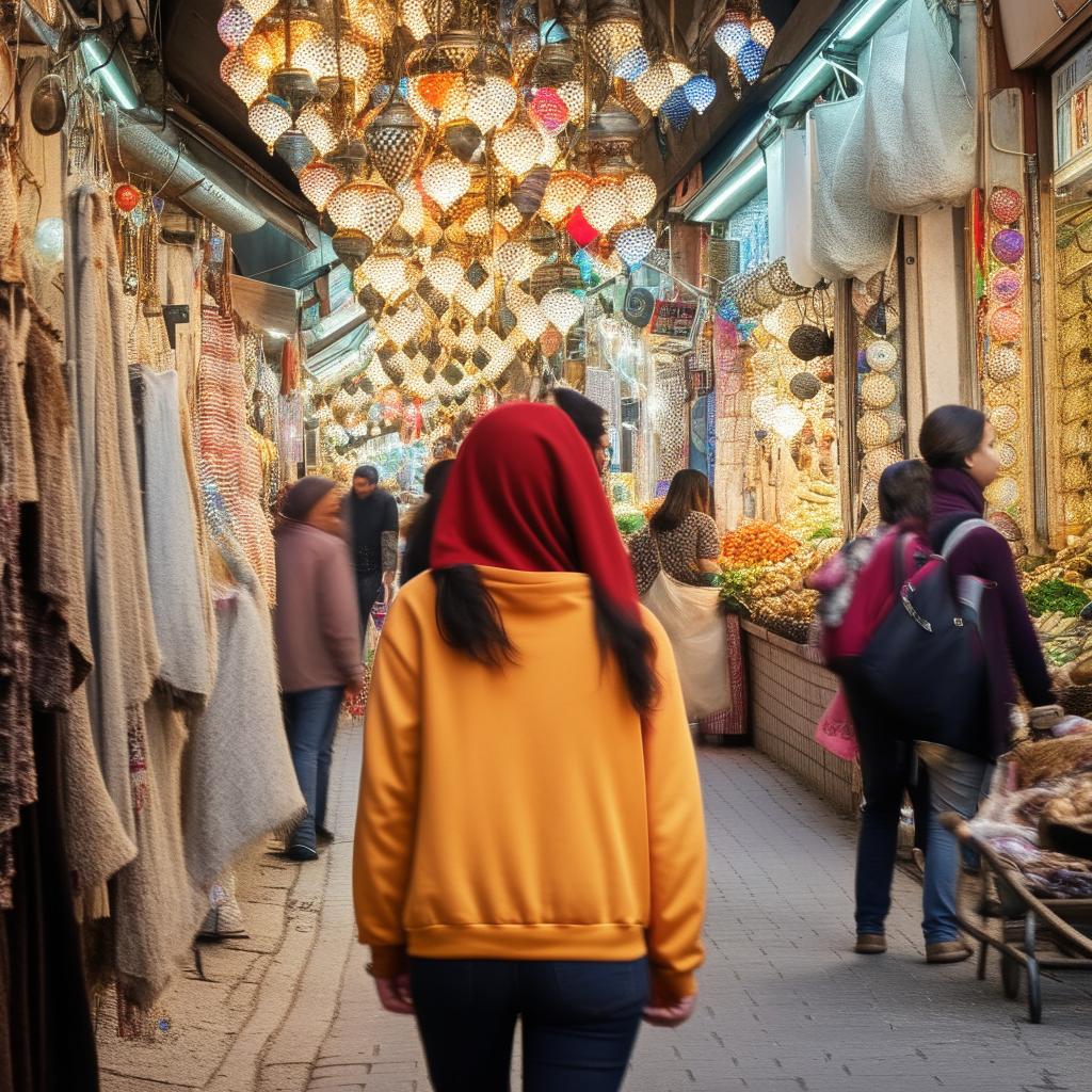 A beautiful Turkish teenager girl in a hoodie walking through a bustling market.