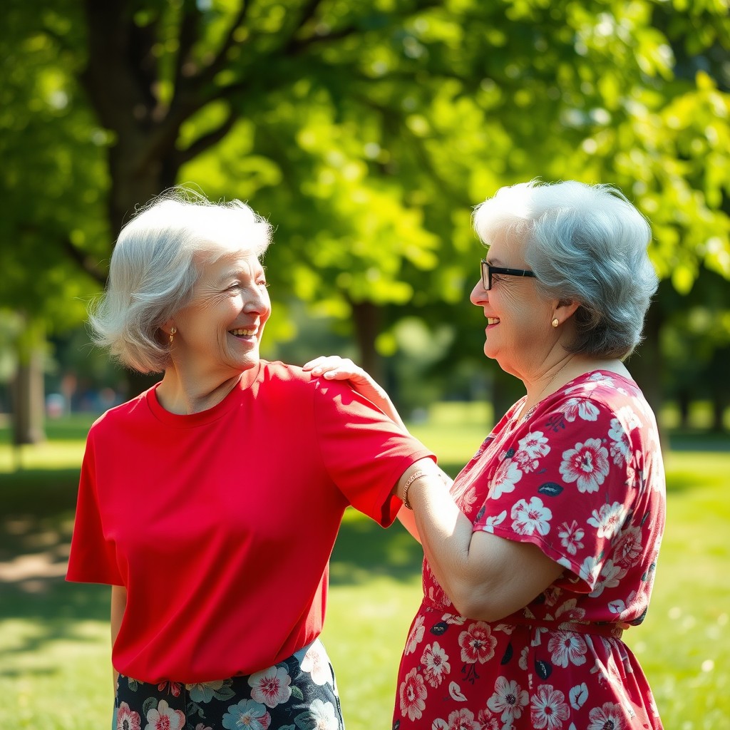 An elderly woman with silver hair and a warm smile gently pulling the sleeve of a teenage girl's bright red T-shirt
