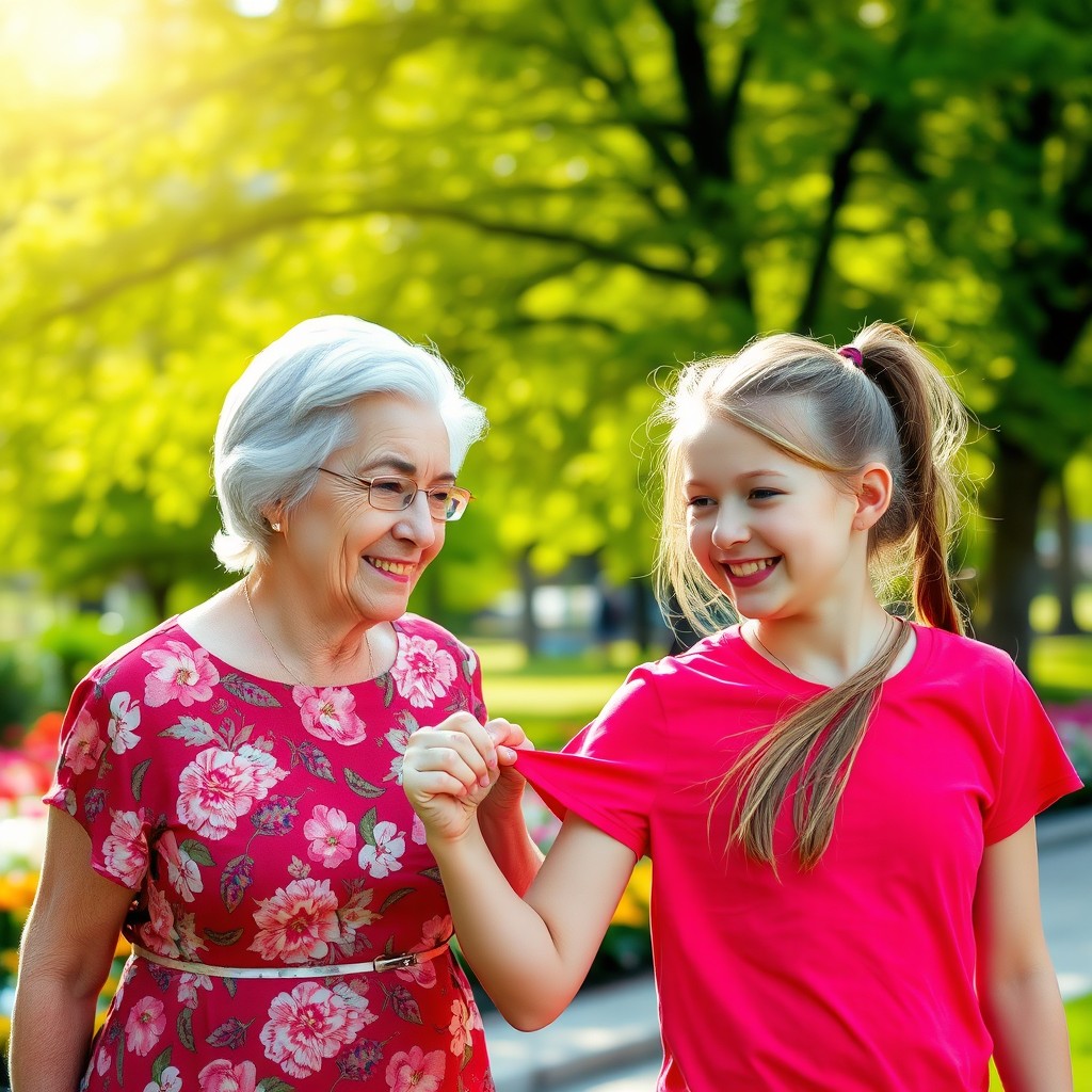 An elderly woman with silver hair, dressed in a floral dress, is gently pulling a teenage girl by the sleeve of her bright red T-shirt