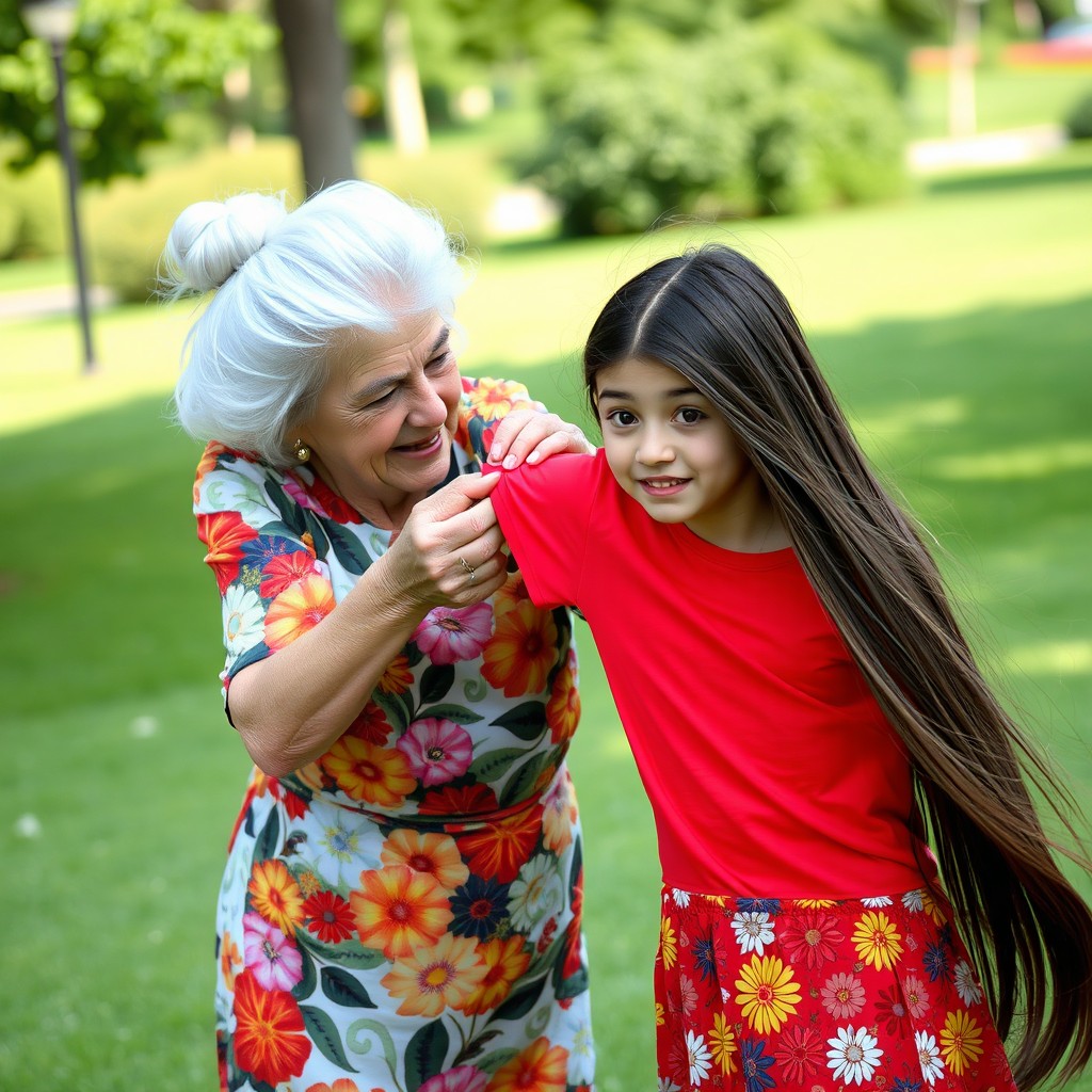 An elderly woman, 90 years old, with striking silver hair styled in a bun, fiercely pulling a teenage girl by the sleeve of her bright red T-shirt