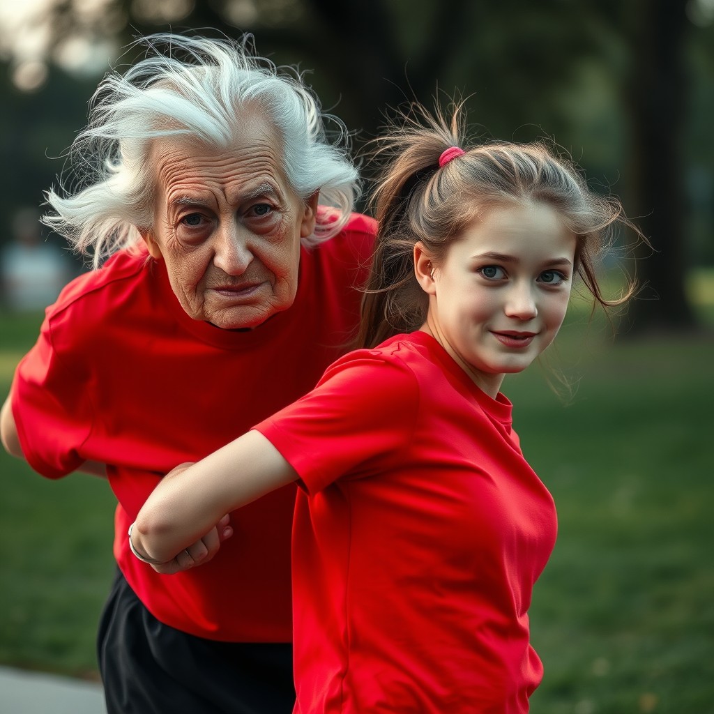 A 90-year-old elderly woman with wispy silver hair is sharply tugging on the back of a bright red T-shirt worn by a teenage girl