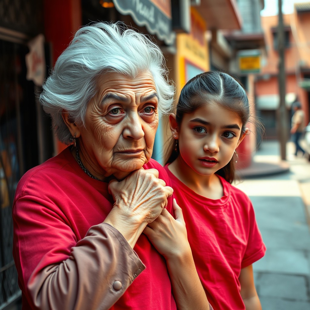 An elderly woman with striking silver hair, appearing wise and determined, firmly gripping the collar of a bright red T-shirt worn by a teenage girl