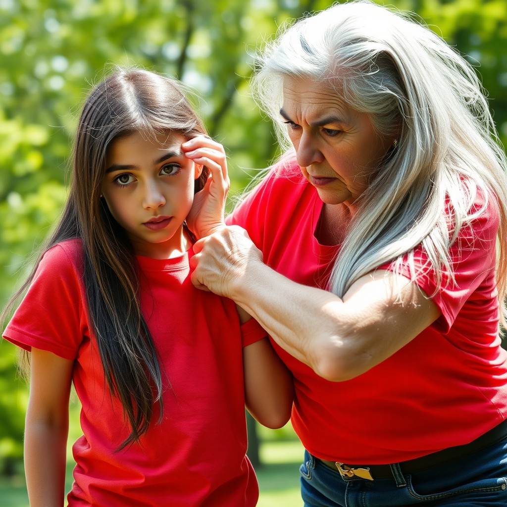 An elderly woman, 90 years old, with long silver hair, is firmly gripping the collar of a 14-year-old girl's bright red T-shirt