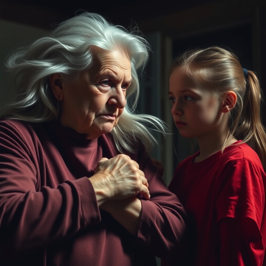 A dramatic scene featuring an elderly woman of 90 years with flowing silver hair, exhibiting a stern expression as she firmly but harshly grips the upper arm of a young teenage girl