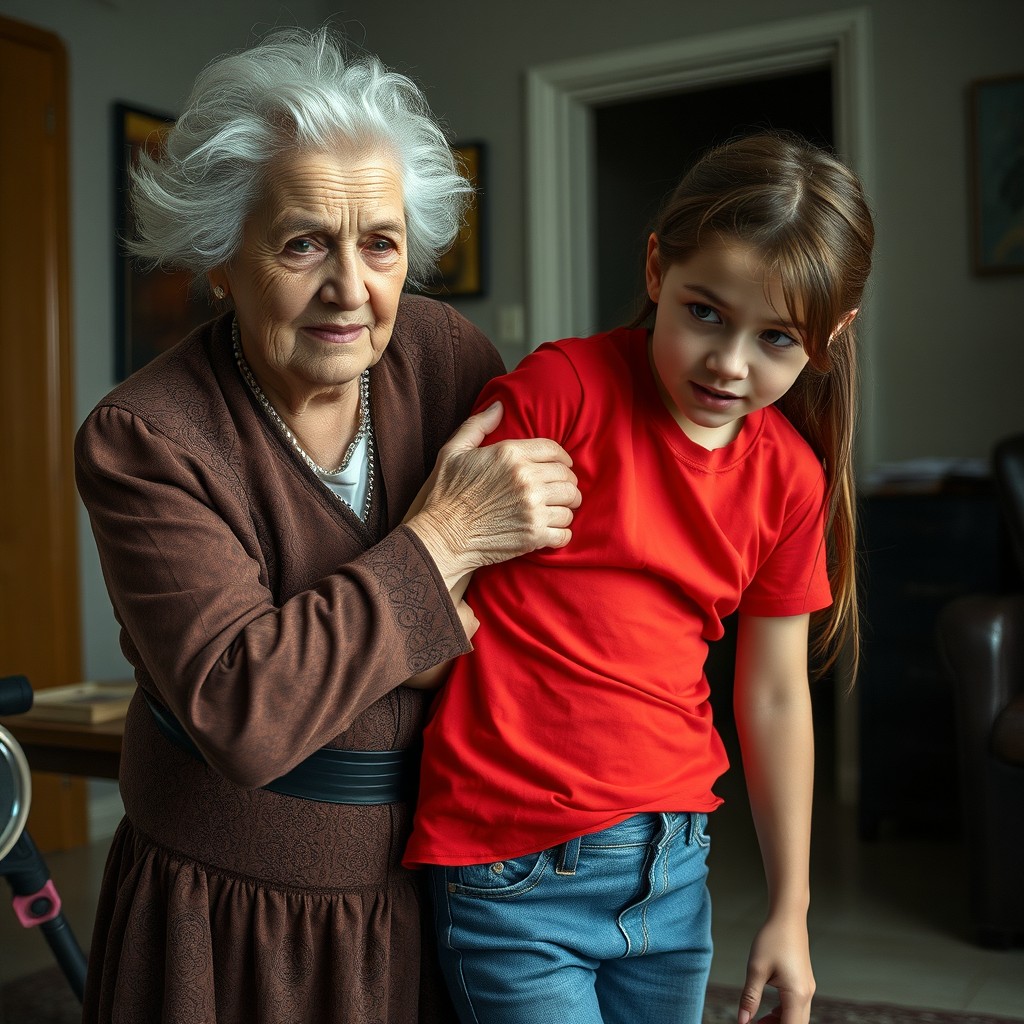 An elderly woman, 90 years old, with striking silver hair, dressed in a vintage-style outfit, firmly holds a 16-year-old girl by her upper arm