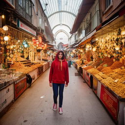 A beautiful Turkish teenager girl in a hoodie walking through a bustling market.