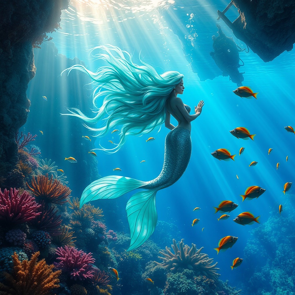A fantastical underwater scene featuring a majestic mermaid with long, flowing hair that glistens in shades of turquoise and green
