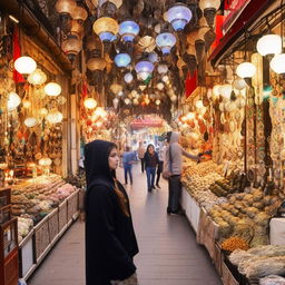 A beautiful Turkish teenager girl in a hoodie walking through a bustling market.