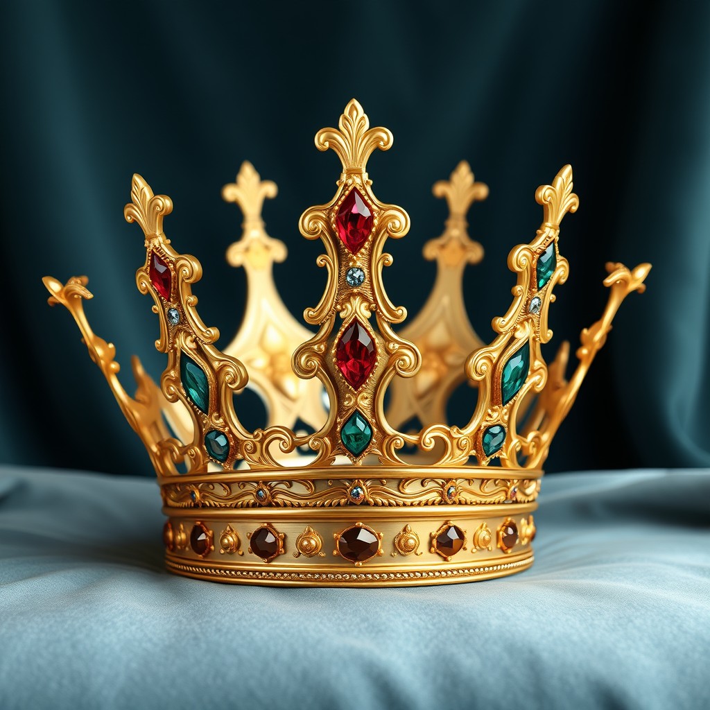 A beautifully crafted crown shape design, featuring intricate details like ornate embellishments, jewels, and a regal gold finish