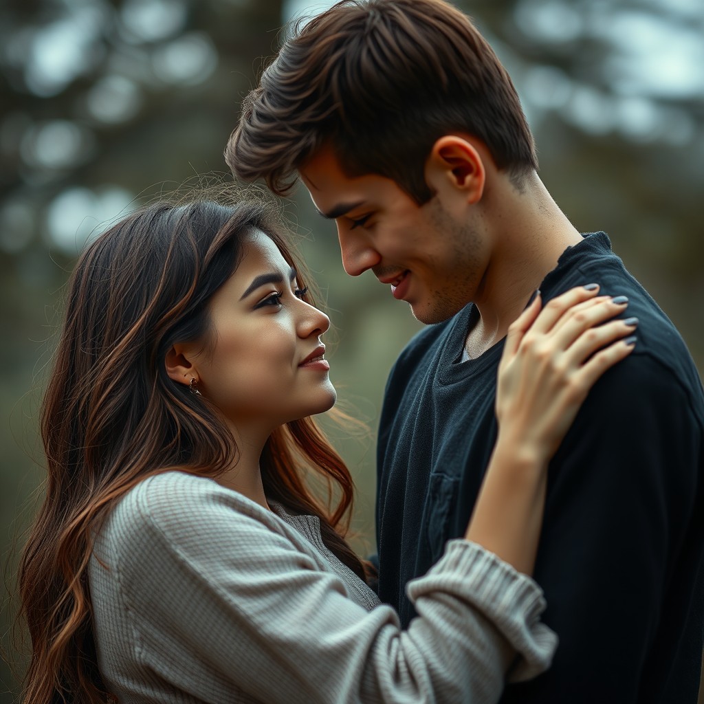 A romantic scene depicting a young man and a young woman in a heartfelt moment of young love, both with brunette hair