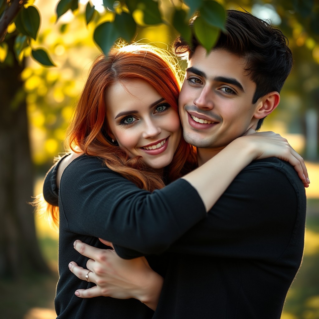 A tender moment captured between a beautiful red-haired woman with striking green eyes and a handsome young man with black hair and brown eyes, embracing each other affectionately in a serene outdoor setting