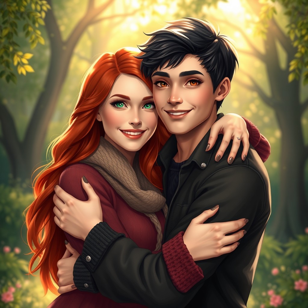 A warm and affectionate scene depicting a beautiful red-haired woman with vibrant green eyes embracing a charming young man with black hair and deep brown eyes