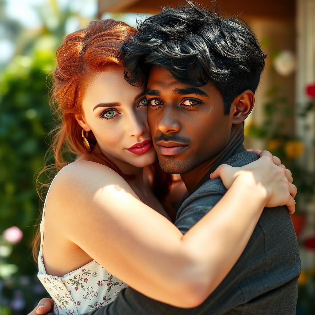 An intimate scene featuring a stunning red-haired woman with captivating green eyes gently embracing a charming young man with jet-black hair and warm brown eyes