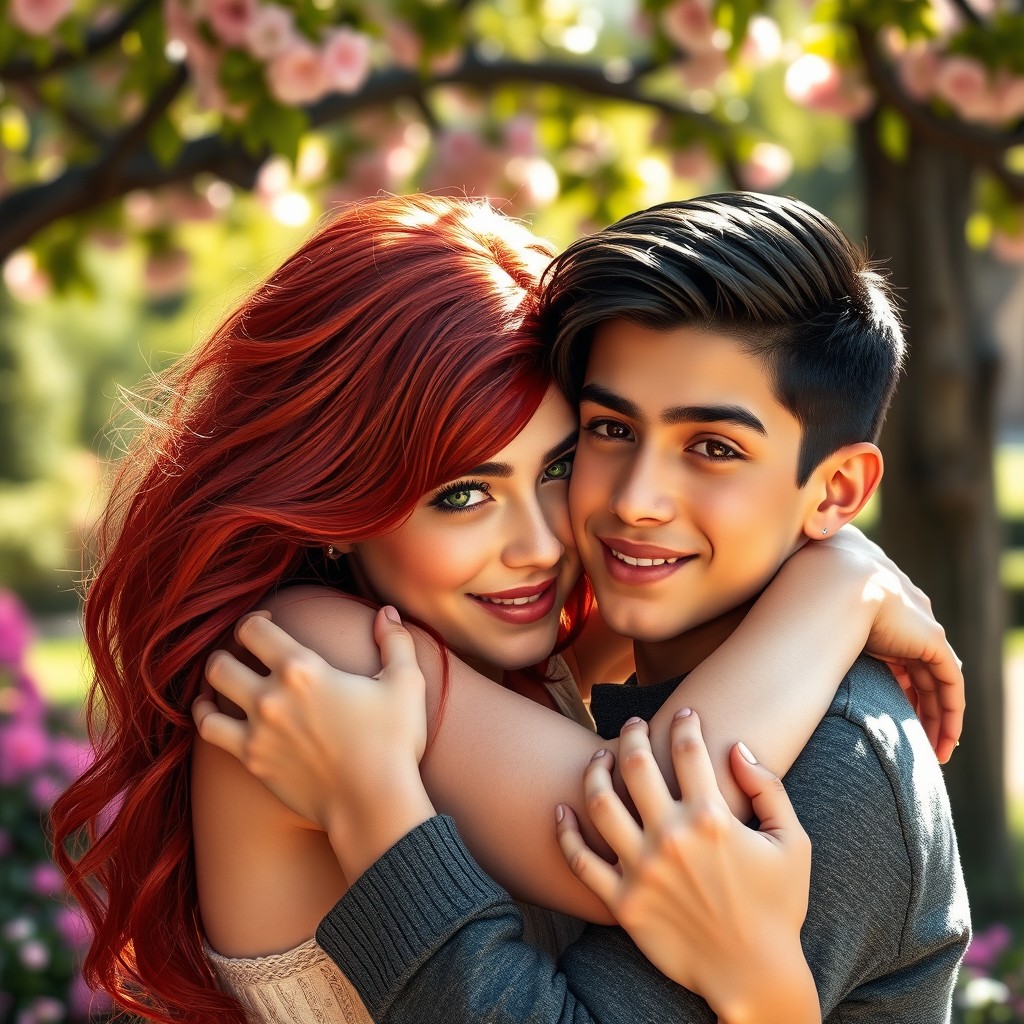 A heartfelt scene featuring a stunning red-haired woman with emerald green eyes and a charming young man with sleek black hair and warm brown eyes, locked in a loving embrace