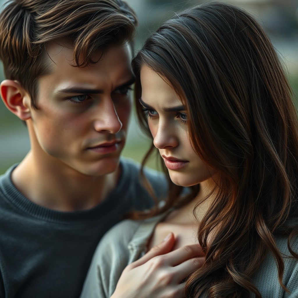 A romantic yet tense scene depicting a young man and a young woman, both with brunette hair, in a moment of young love that carries an air of mystery, as they both display slight expressions of anger