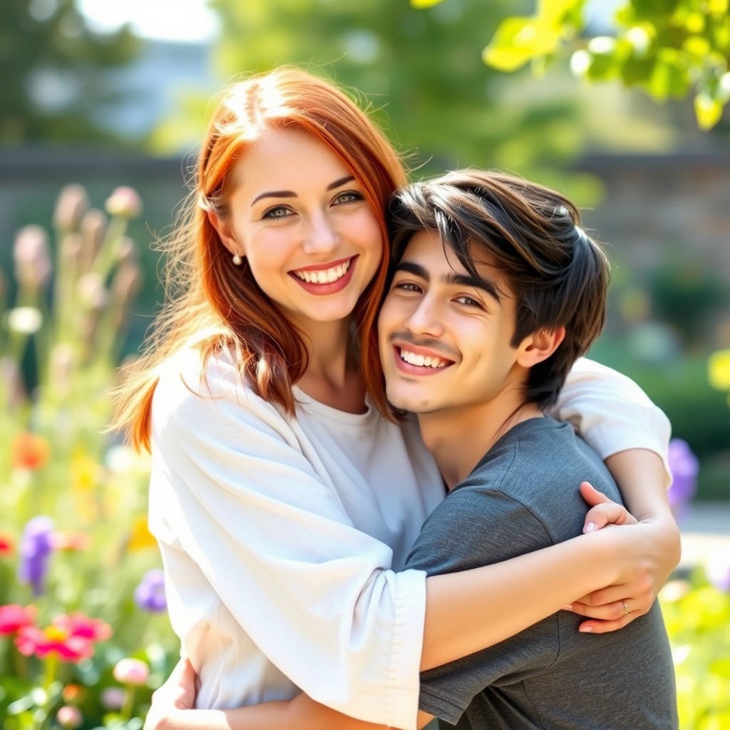 A heartwarming scene featuring a lovely 20-year-old red-haired woman with striking green eyes, embracing a handsome 20-year-old young man with sleek black hair and warm brown eyes