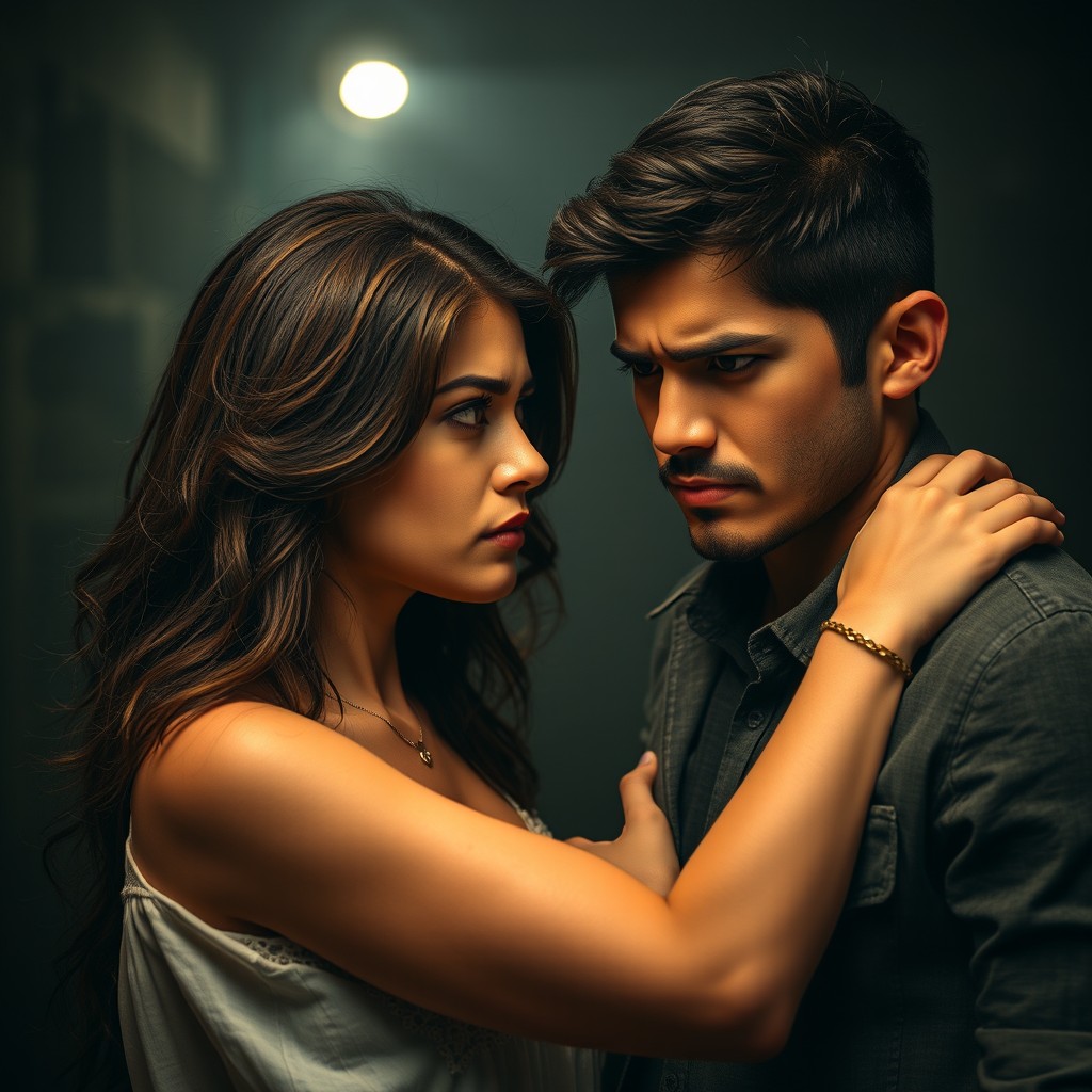 A young Latino man and a young Latina woman expressing young love amidst a mysterious backdrop
