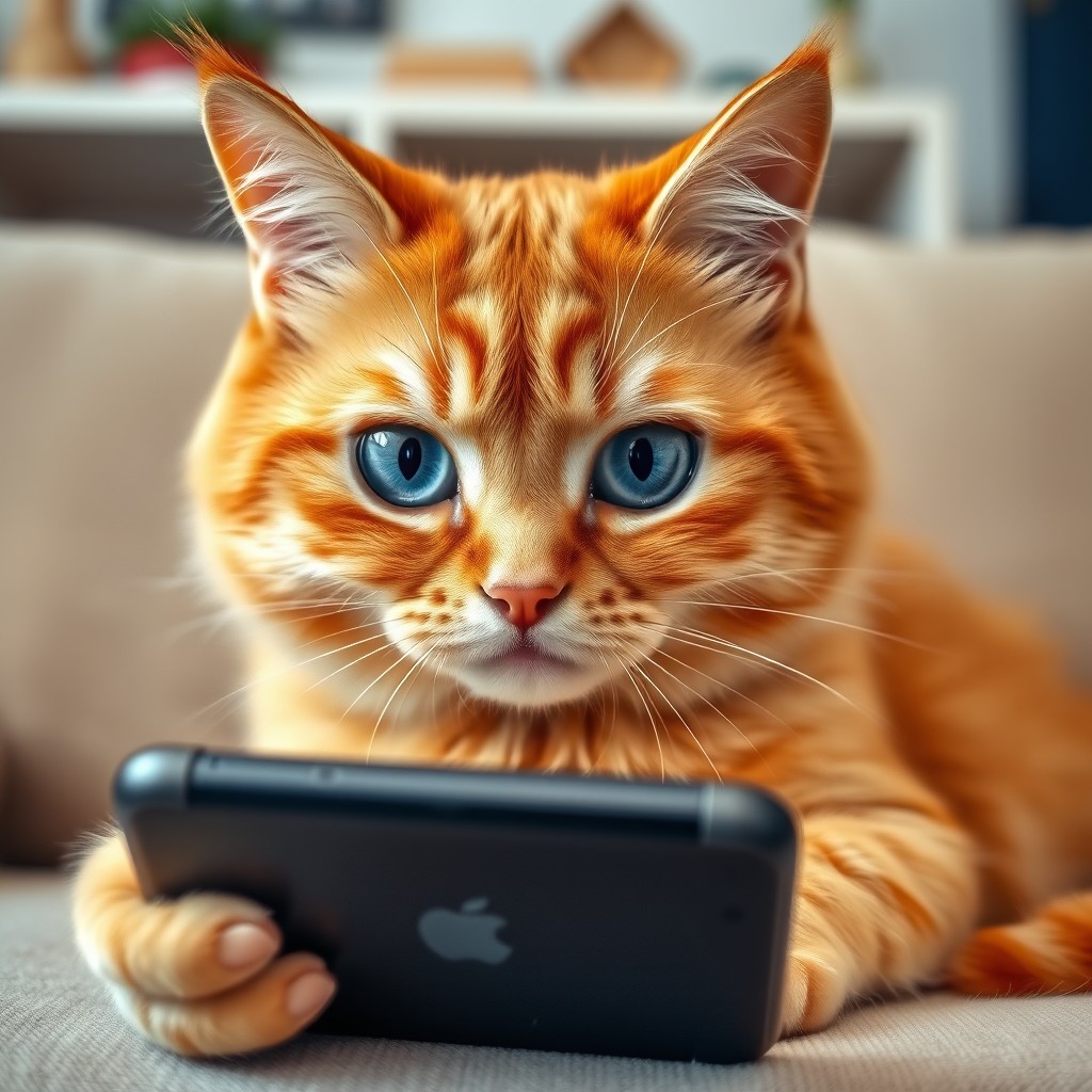 A high-resolution, realistic image of a big, cute orange cat with extra-large, expressive blue eyes intently focused on a mobile phone screen
